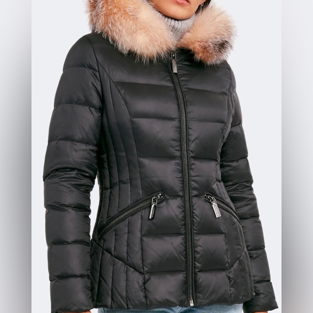Dawn Levy women winter overcoat with detachable fox fur hood.
